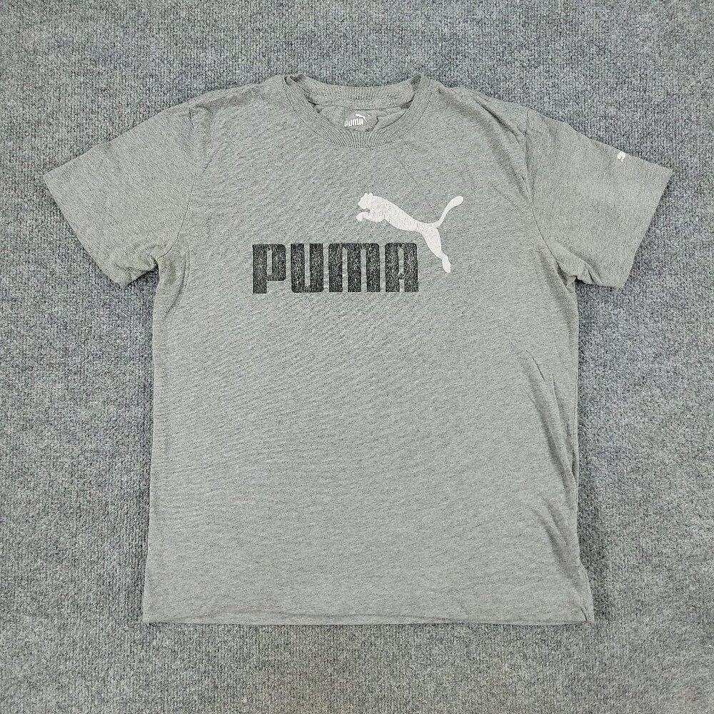 Puma Shirt Men Small Gray Logo Graphic Tee Crew Neck Short Sleeve Pullover Adult